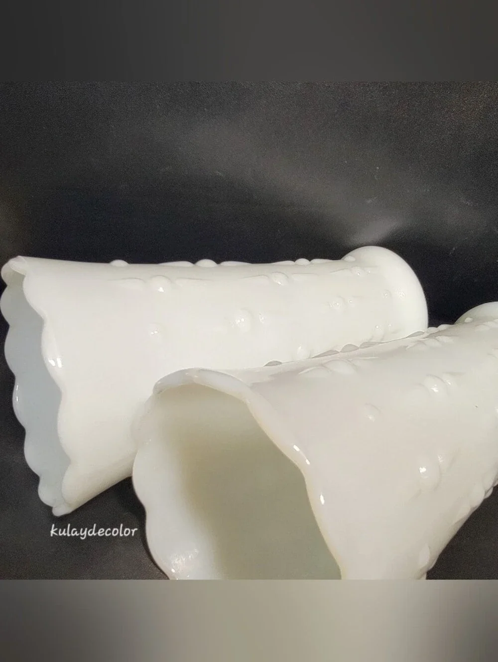 Vintage Milk Glass Tears & Pearls Scalloped Vases Pair White Bud Vases